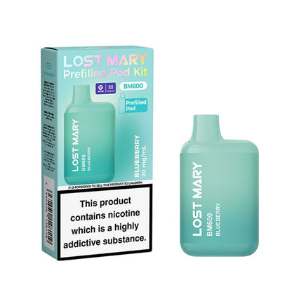 Lost Mary prefilled pod kit with packaging and blue pod on a white  zoom distro in UK